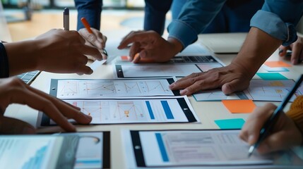 Brainstorm planing creative teamwork  Close up of hands mobile phone app developer team meeting about screen display prototype layout for smartphone ui ux concept : Generative AI