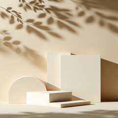 Podium and plant shadows on a beige background, suitable for product display