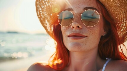 Redhead woman relaxing on summer vacation at beach : Generative AI
