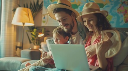 Happy people planning holiday trip Family getting ready for travel vacation using laptop computer to monitor prices pick airline buy tickets purchase flight look for rentals or book ho : Generative AI