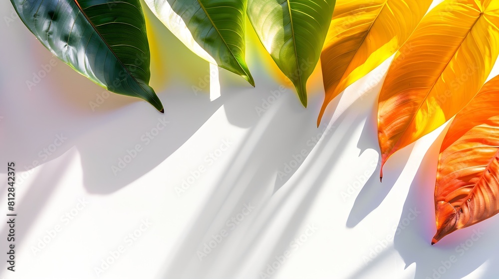 Poster Creative layout of colorful riskus leaves on a white background in the rays of the sun with shadows Minimal summer exotic concept with copy space : Generative AI