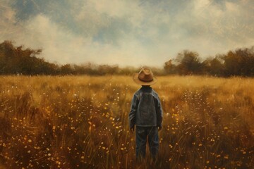 Young boy stands in a serene meadow, facing away, surrounded by wildflowers