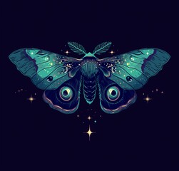 A green Luna moth with outstretched wings rests on a dark background surrounded by colourful flowers and small stars. A crescent moon hovers above it, creating a serene night landscape.