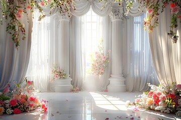 luxurious white room for wedding background with bouquet flora generative AI