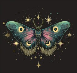 A green Luna moth with outstretched wings rests on a dark background surrounded by colourful flowers and small stars. A crescent moon hovers above it, creating a serene night landscape.