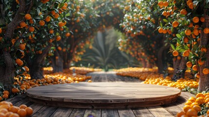 empty wooden podium on orange trees garden for advertising, copy space, citrus orchard