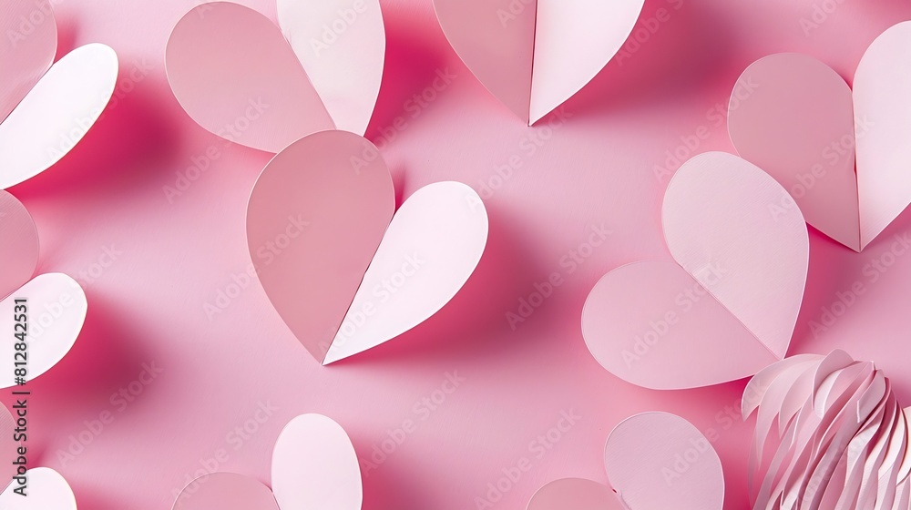 Poster composition for valentines day february 14th delicate pink background and pink hearts cut out of pap