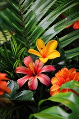 Fototapeta premium background of tropical leaves and flowers. Selective focus