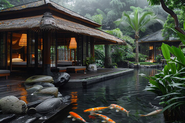 A serene shot of the resort's spa, featuring an open-air massage pavilion and a tranquil koi pond.