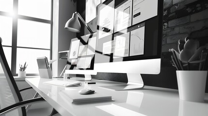 Flat black and white web design studio page layout on modern computer display with flying page layout modules concept : Generative AI