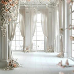 luxurious white room for wedding background with bouquet flora generative AI