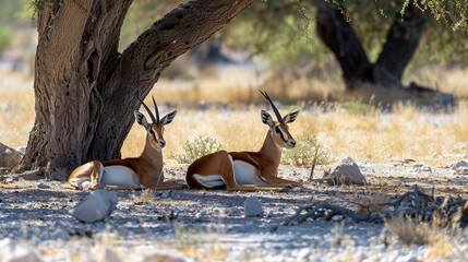 A pair of springbok resting under the shade tree in Etosha National Park - obrazy, fototapety, plakaty