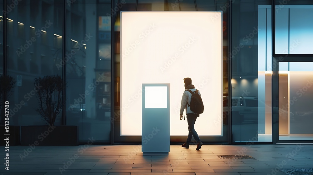 Aufkleber man walking by evening empty shop window with podium inside for your product presentation on glowing