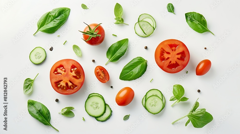 Poster creative layout made of tomato cucumber and salad leaves on the white background flat lay food conce
