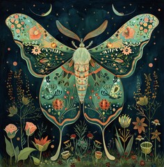 A green Luna moth with outstretched wings rests on a dark background surrounded by colourful flowers and small stars. A crescent moon hovers above it, creating a serene night landscape.