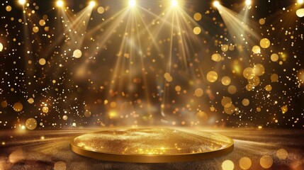 Gold stage scene with glitter light effects decorations and bokeh. Luxury background design concept