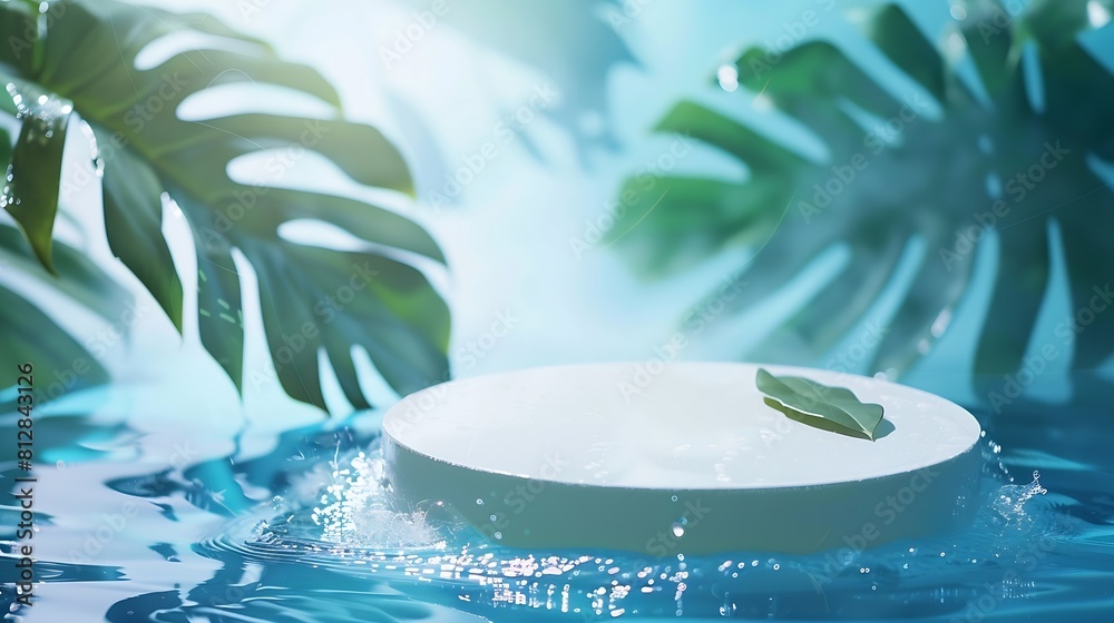 Aufkleber round empty podium and tropical leaves in water with waves splashes for presentation of natural cosm