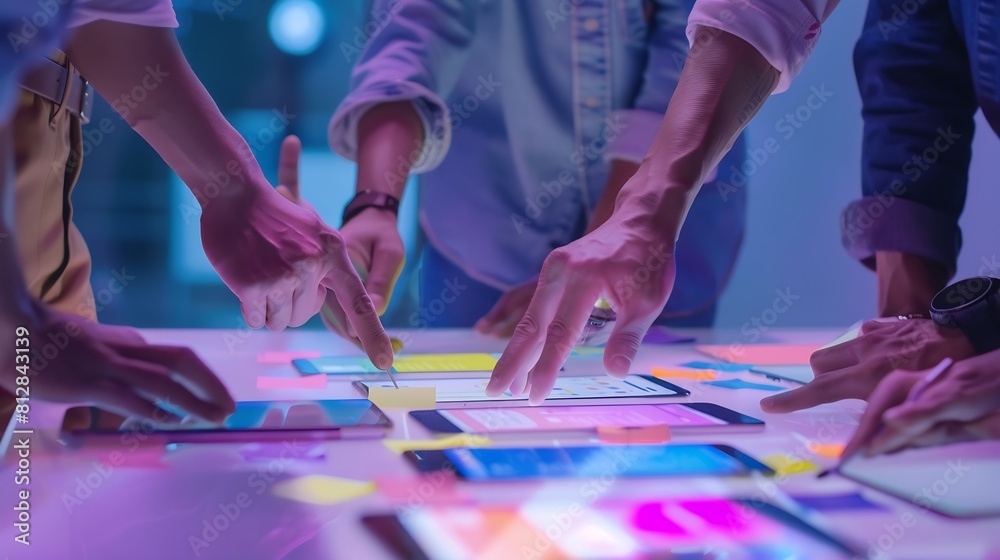 Poster Brainstorm planing creative asian teamwork  Close up of hands mobile phone app developer team meeting for ideas about screen display prototype layout for smartphone ui ux startup small : Generative AI