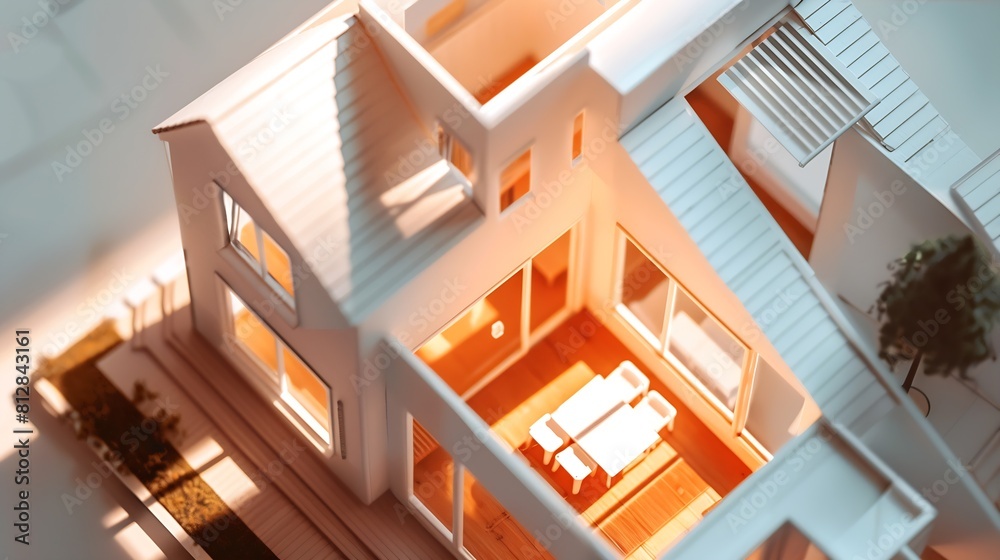 Aufkleber Volumetric project of house Layout of a house with an open roof Miniature layout of a cottage top view Building model as a symbol of architectural business Design in architectural bure : Generative AI