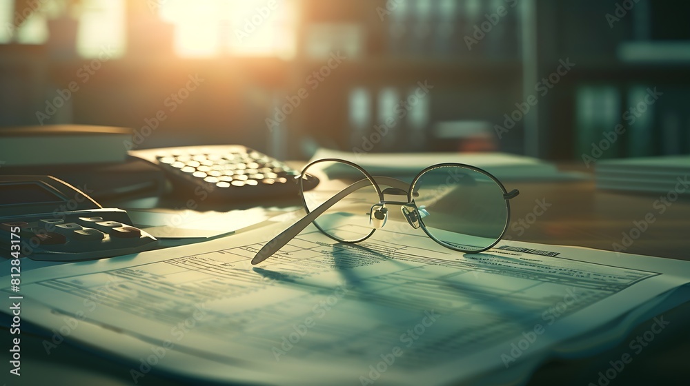 Poster desk of bookkeeper with balance sheet and calculator on desk focused on eyeglass nobody : generative