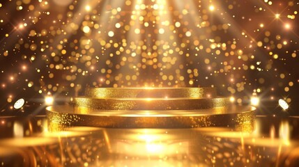 Gold stage scene with glitter light effects decorations and bokeh. Luxury background design concept