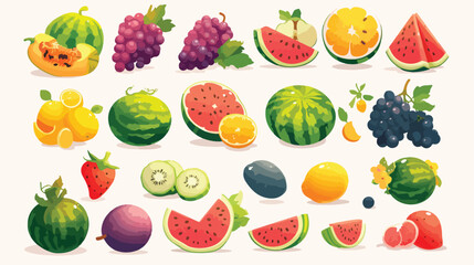 Collection of red green and purple grapes melon and