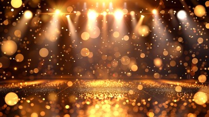 Gold stage scene with glitter light effects decorations and bokeh. Luxury background design concept