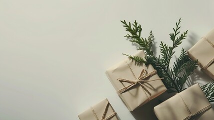 Gift boxes on a white background and thuja branches Concept of Christmas holidays and gifts Postcard layout Boxing Day : Generative AI