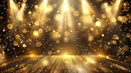 Gold stage scene with glitter light effects decorations and bokeh. Luxury background design concept