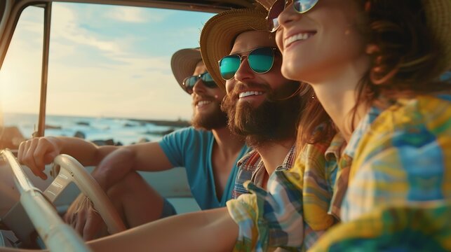 summer holidays road trip vacation travel and people concept  smiling young hippie friends in minivan car on beach : Generative AI
