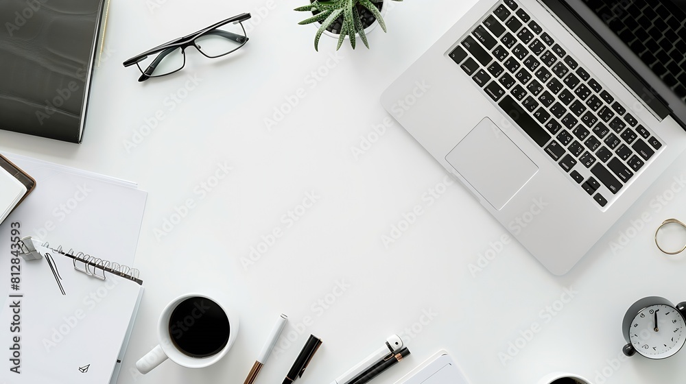 Poster top view above of white office desk table with laptop notebook and coffee cup with equipment other o