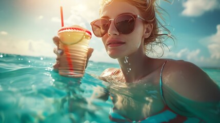 Summer lifestyle portrait of young stunning blonde girl Enjoying life smiling drinking cocktail in the turquoise sea Wearing stylish sunglasses stripes swimsuit Half over half under wa : Generative AI