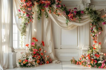 Fototapeta na wymiar luxurious white room for wedding background with bouquet flora generative AI