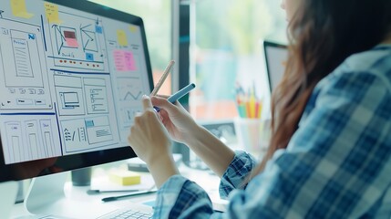 Woman designer create website design wireframe Sketch prototype framework layout future design project UI and UX  user interface user experience designer Creative concept for web desig : Generative AI