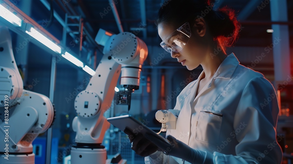 Poster Industry 40 Modern Factory Female Engineer Uses Digital Tablet Computer with Augmented Reality to Visualize Workshop Mapping Floor Layout Facility with HighTech CNC Machinery and robot : Generative AI