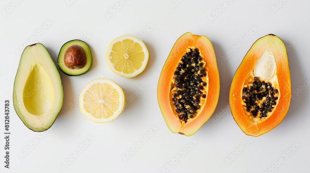 Poster creative layout made of papaya avocado and lemon on the white background flat lay food concept : gen