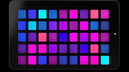 Obraz premium Tablet features glowing, vibrant color grid on black background; highlights modern interface design and visual impact.