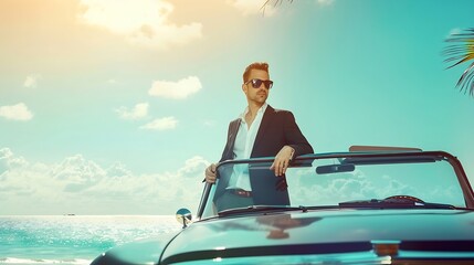 Successful young businessman on a beach Man standing in the cabriolet classic car Summer vacations and travel concept Toned image : Generative AI