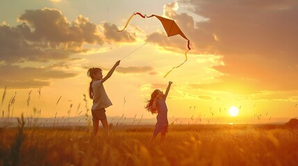 Happy children launch a kite in the field at sunset Little boy and girl on summer vacation : Generative AI