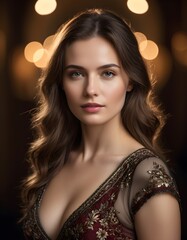 Portrait of a beautiful Caucasian woman with wavy brunette hair, wearing a elegant dress with a plunging neckline, against a background of bokeh lights