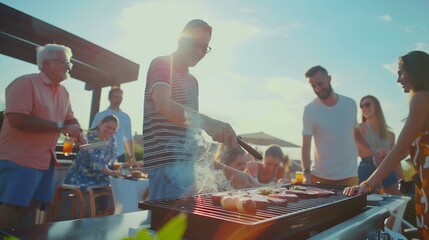 Happy multigenerational people having fun doing barbecue grill at house rooftop  Summer gatherings and food concept : Generative AI