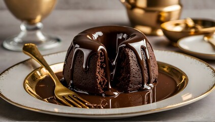 Chocolate Lava Cake it that has chocolate ganache liquid chocolate pouring out when sliced open on...