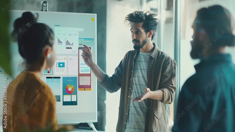 Aufkleber portrait of young businessman giving presentation to colleagues young man showing new app design lay
