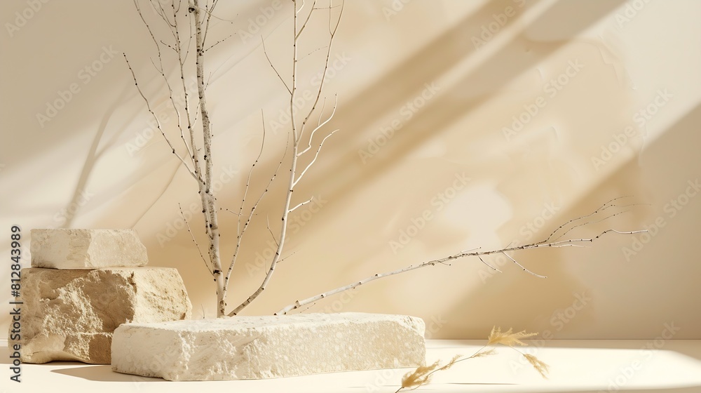 Poster podium for exhibitions and product presentations material stone wood dry branches beautiful beige ba