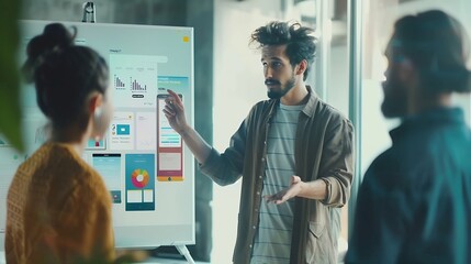Portrait of young businessman giving presentation to colleagues Young man showing new app design layout on white board to coworkers during business presentation : Generative AI