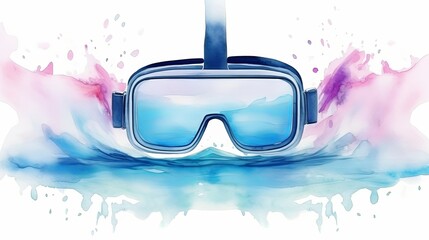 Vibrant illustration of VR headset with swirling watercolor backdrop in pink and blue hues, symbolizing innovative technology and immersive experiences. Splash effect suggests dynamic, fluid movement. - obrazy, fototapety, plakaty