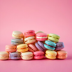 A delightful variety of colorful French macarons stacked casually on a vibrant pink background. Minimal concept. Copy space.