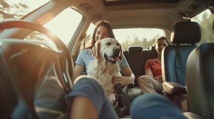 The whole family is driving for the weekend Mom and Dad with their daughter and a Labrador dog are...