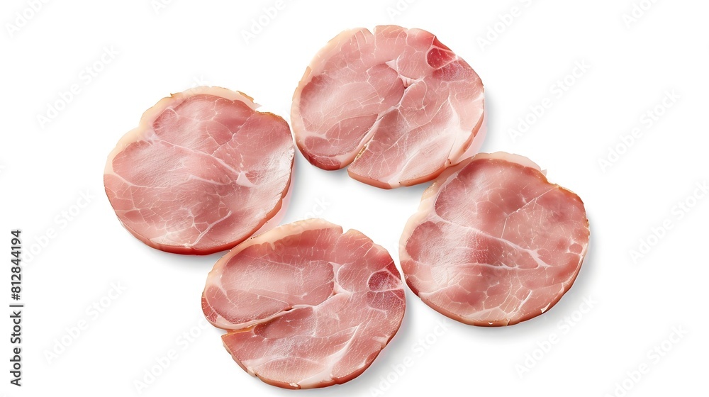 Poster round pieces of ham isolated on white background with clipping path five pieces of pork ham cut into slices laid out to create layout italian food : Generative AI