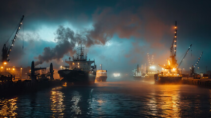 ships in harbor with smokey sky.